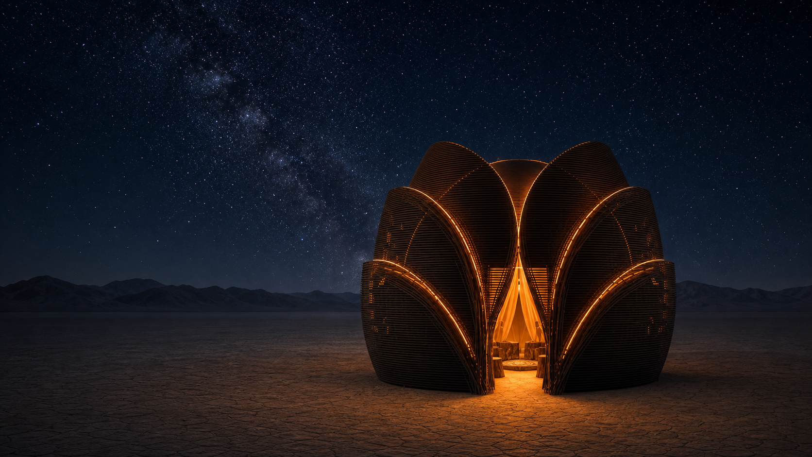 The Sanctuary of the Silent Star glowing beneath a night sky on the playa