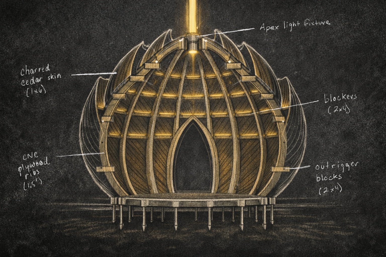 Concept sketch of The Sanctuary of the Silent Star with material notes